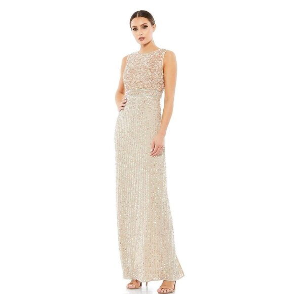 FLAW - NWT Mac Duggal Sequined High Neck Sleeveless Column Gown Nude 2 #A0187 - Picture 1 of 14